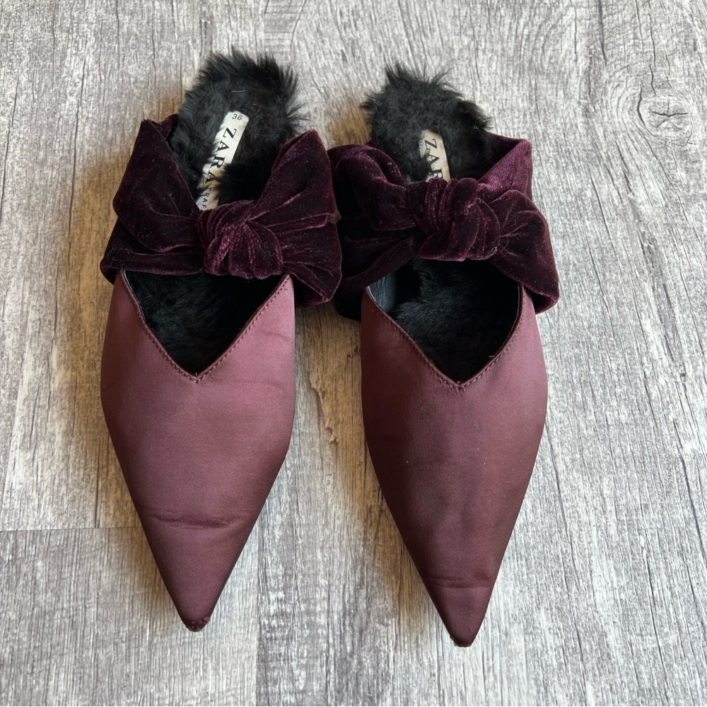 Zara Burgundy Velvet Bow Mules Pointed Toe Slides Size 36